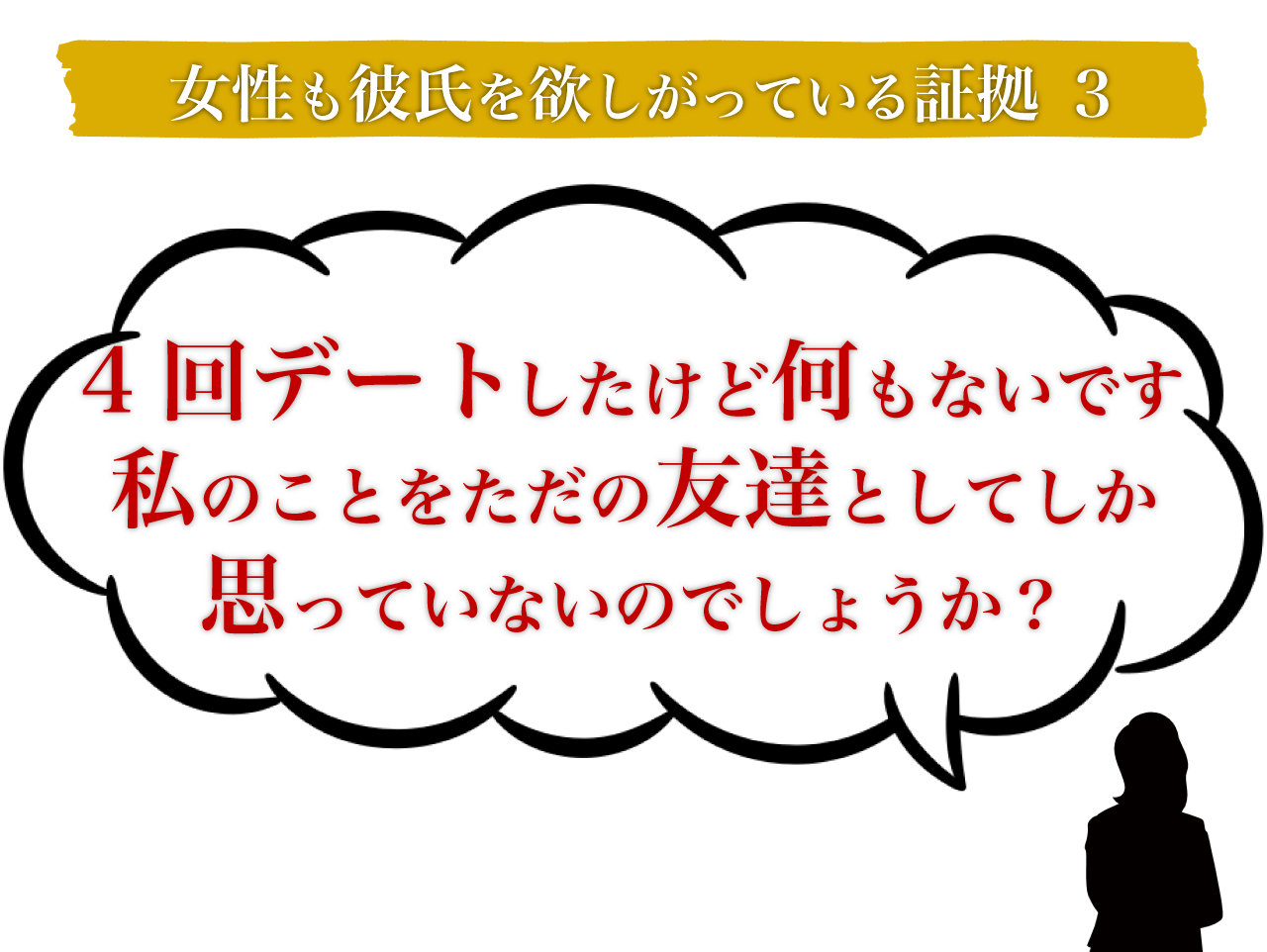 女性も彼氏を欲しがっている証拠3 4回デートしたけど何もないです私のことをただの友達としてしか思っていないのでしょうか？